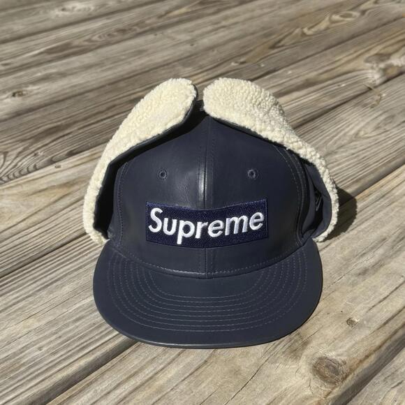 Supreme Leather Earflap Box Logo New Era Fitted Hat Navy 7 1/8 - Picture 1 of 12